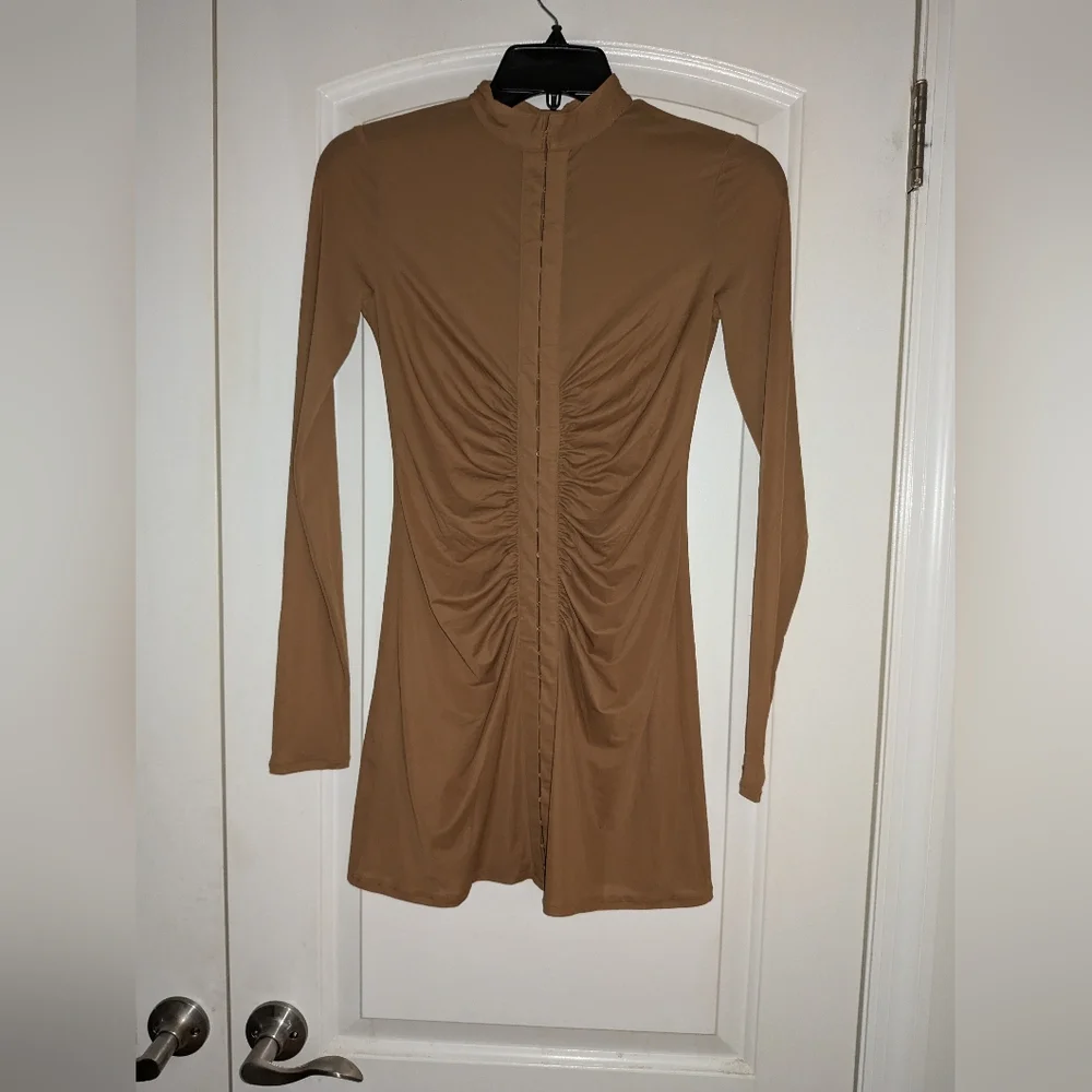 2. NWT SKIMS MESH COVER UP LONG SLEEVE RUCHED DRESS IN ALMOND